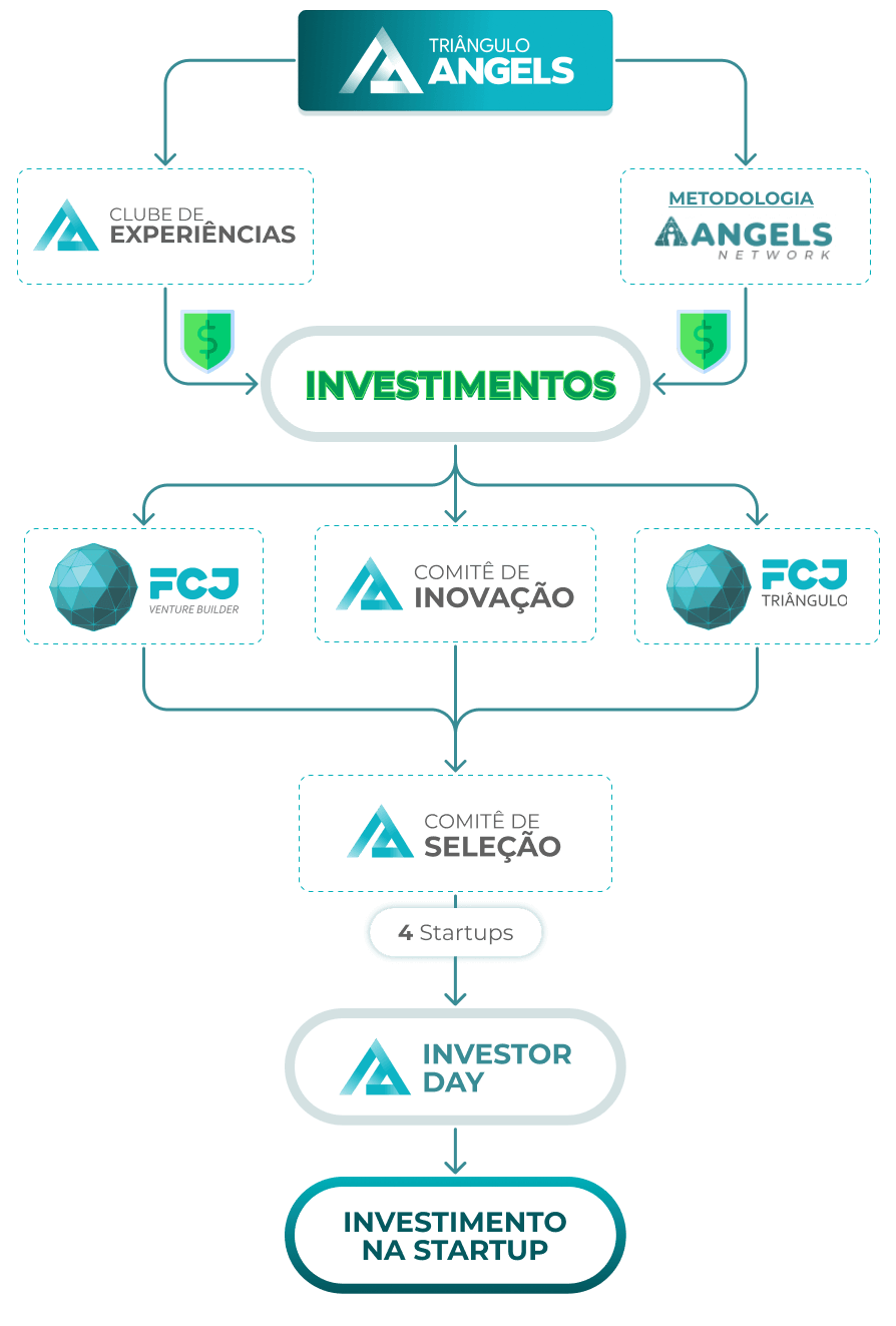 Esquema gráfico onde mostra todo o processo de seleção de startups; da seleção saem 4 startups para o Investor Day, uma conferência entre investidores anjos associados  e startups selecionadas, nesse momento, já passivas de aporte financeiro.